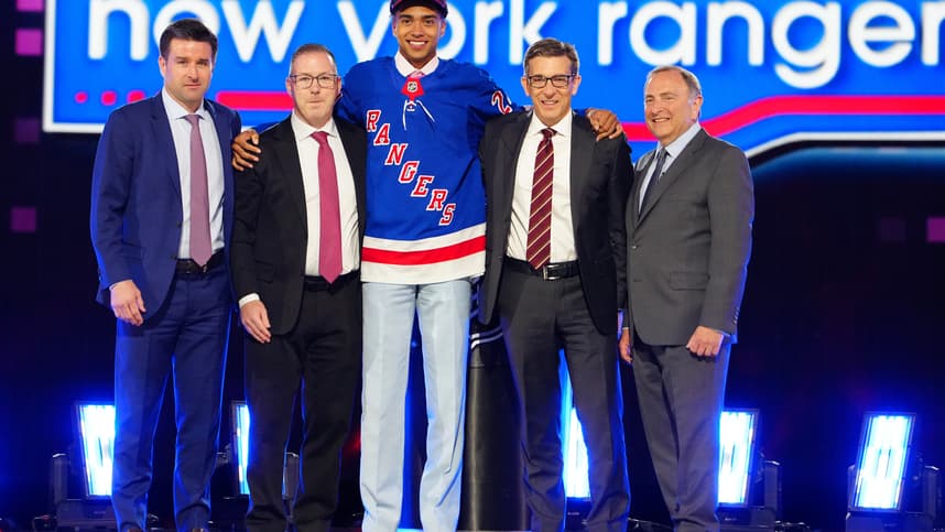 Jun 28, 2024; Las Vegas, Nevada, USA; Eric (EJ) Emery is selected by the New York Rangers with the 30th overall pick in the first round of the 2024 NHL Draft at The Sphere. Mandatory Credit: Stephen R. Sylvanie-USA TODAY Sports
