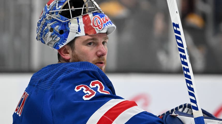 Mar 21, 2024; Boston, Massachusetts, USA; New York Rangers goaltender Jonathan Quick (32) takes a water break during a commercial break in the first period of a game against the Boston Bruins at the TD Garden. Mandatory Credit: Brian Fluharty-USA TODAY Sports