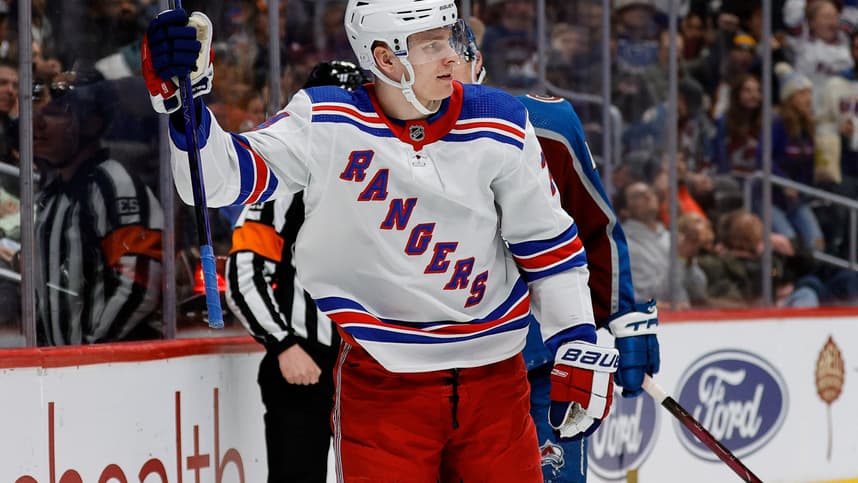 Mar 28, 2024; Denver, Colorado, USA; New York Rangers right wing Kaapo Kakko (24) celebrates after his goal in the third period against the Colorado Avalanche at Ball Arena. Mandatory Credit: Isaiah J. Downing-USA TODAY Sports