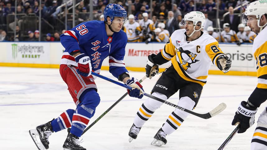 Apr 1, 2024; New York, New York, USA; New York Rangers left wing Will Cuylle (50) and Pittsburgh Penguins center Sidney Crosby (87) battle for position during the second period at Madison Square Garden. Mandatory Credit: Danny Wild-USA TODAY Sports