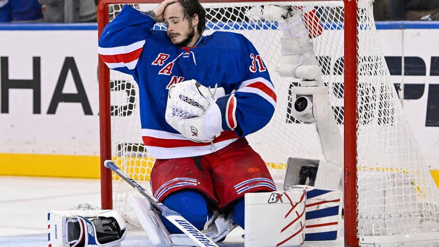 May 30, 2024; New York, New York, USA; New York Rangers goaltender Igor Shesterkin (31) recovers after getting run into by Florida Panthers defenseman Niko Mikkola (not pictured) during the second period in game five of the Eastern Conference Final of the 2024 Stanley Cup Playoffs at Madison Square Garden. Mandatory Credit: Dennis Schneidler-USA TODAY Sports