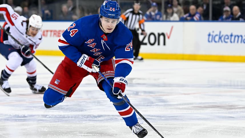 Apr 23, 2024; New York, New York, USA;  New York Rangers right wing Kaapo Kakko (24) skates across the blue line against the Washington Capitals during the third period in game two of the first round of the 2024 Stanley Cup Playoffs at Madison Square Garden. Mandatory Credit: Dennis Schneidler-USA TODAY Sports