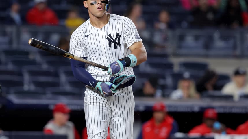 Aug 7, 2024; Bronx, New York, USA; New York Yankees center fielder Aaron Judge (99) reacts after drawing a walk against the Los Angeles Angels during the seventh inning at Yankee Stadium. Mandatory Credit: Brad Penner-USA TODAY Sports