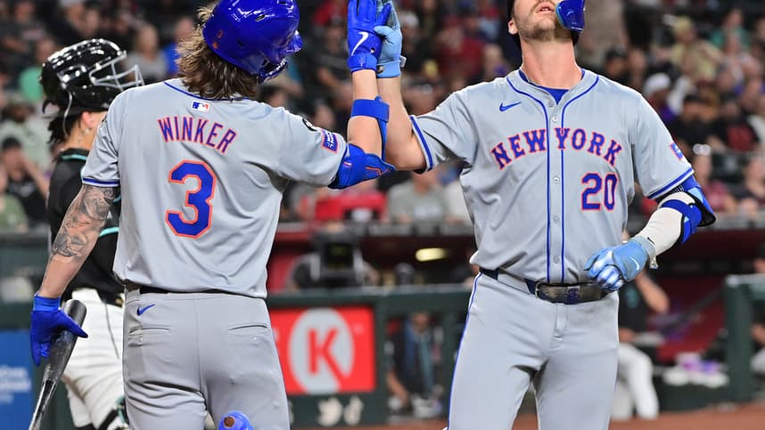 Aug 29, 2024; Phoenix, Arizona, USA;  New York Mets first base Pete Alonso (20) celebrates with outfielder Jesse Winker (3) after hitting a solo home run in the second inning against the Arizona Diamondbacks at Chase Field. Mandatory Credit: Matt Kartozian-USA TODAY Sports