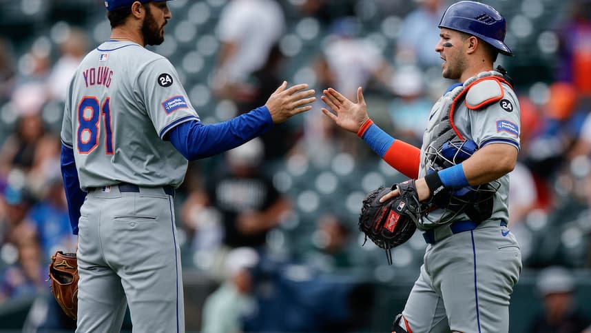 Aug 8, 2024; Denver, Colorado, USA; New York Mets relief pitcher Danny Young (81) celebrates with catcher Luis Torrens (13) after the game against the Colorado Rockies at Coors Field. Mandatory Credit: Isaiah J. Downing-USA TODAY Sports