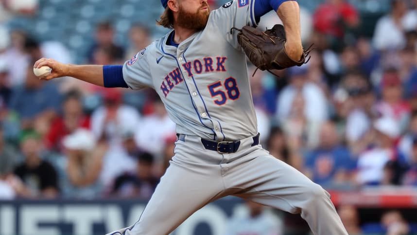 Aug 2, 2024; Anaheim, California, USA;  New York Mets starting pitcher Paul Blackburn (58) pitches during the first inning against the Los Angeles Angels at Angel Stadium. Mandatory Credit: Kiyoshi Mio-USA TODAY Sports