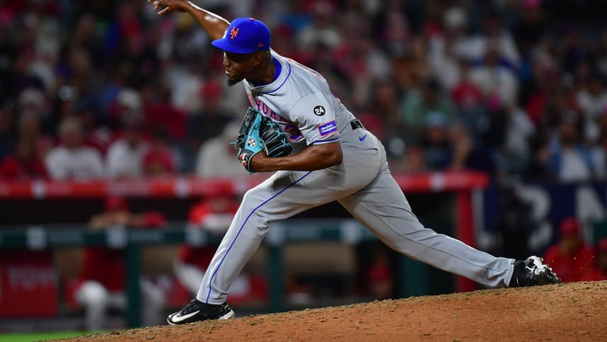 August 3, 2024; Anaheim, California, USA; New York Mets pitcher Huascar Brazoban (43) throws against the Los Angeles Angels during the seventh inning at Angel Stadium. Mandatory Credit: Gary A. Vasquez-USA TODAY Sports