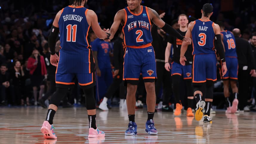 May 14, 2024; New York, New York, USA; New York Knicks guard Miles McBride (2) celebrates with guard Jalen Brunson (11) during the second half during game five of the second round for the 2024 NBA playoffs against the Indiana Pacers at Madison Square Garden. Mandatory Credit: Vincent Carchietta-USA TODAY Sports