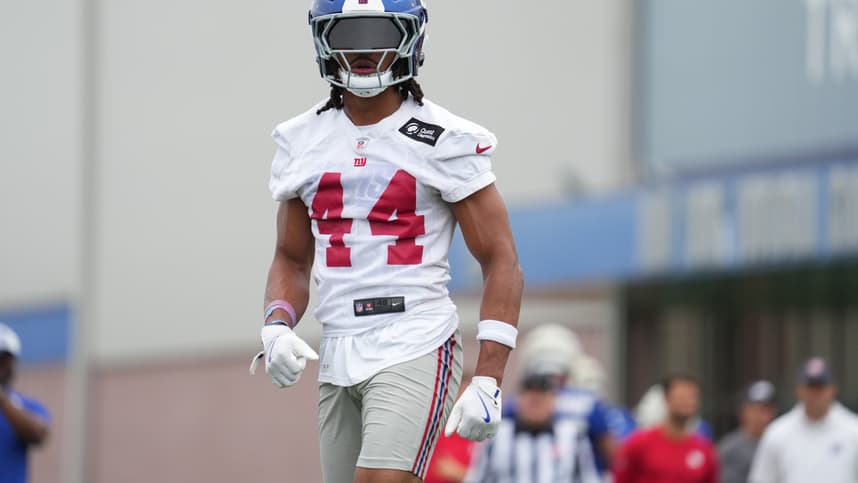 Jul 25, 2024; East Rutherford, NY, USA; New York Giants cornerback Nick McCloud (44) participates in a drill during training camp at Quest Diagnostics Training Center. Mandatory Credit: Lucas Boland-USA TODAY Sports