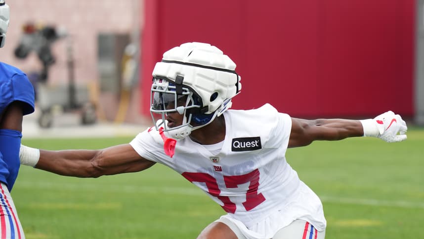 Jul 25, 2024; East Rutherford, NY, USA; New York Giants cornerback Tre Hawkins III (37) participates in a drill during training camp at Quest Diagnostics Training Center. Mandatory Credit: Lucas Boland-USA TODAY Sports