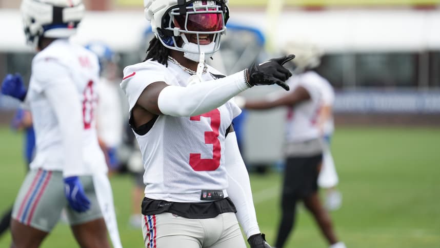 Jul 25, 2024; East Rutherford, NY, USA; New York Giants cornerback Deonte Banks (3) reacts during training camp at Quest Diagnostics Training Center. Mandatory Credit: Lucas Boland-USA TODAY Sports