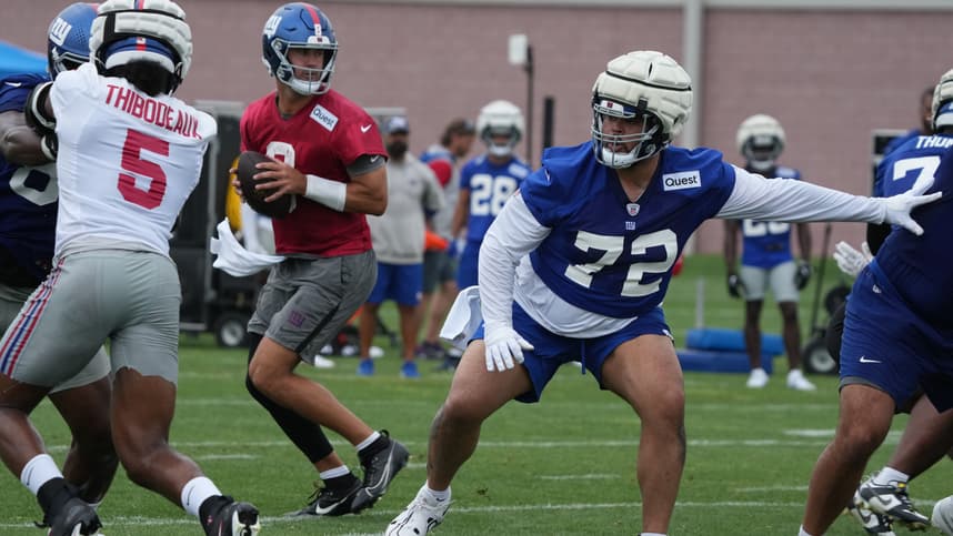 East Rutherford, NJ -- July 24, 2024 -- Left tackle, Jermaine Eluemunor during the first day of training camp for the 2024 New York Giants.
