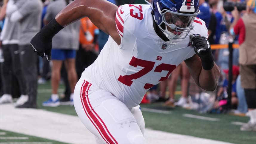 East Rutherford, NJ -- August 24, 2024 -- Evan Neal of the Giants before the game. The New York Giants and New York Jets meet at MetLife Stadium in the final preseason game of the 2024 season for both teams.