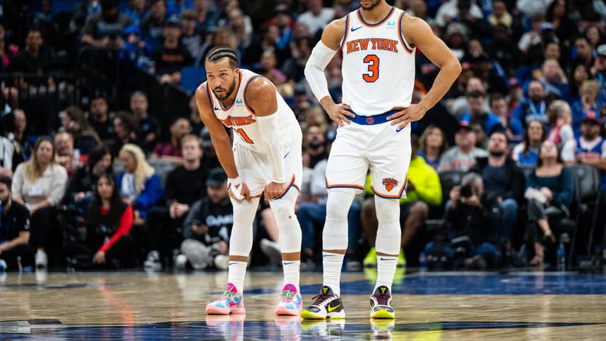 Feb 14, 2024; Orlando, Florida, USA; New York Knicks guard Jalen Brunson (11) and guard Josh Hart (3) wait for the ball against the Orlando Magic in the second quarter at KIA Center. Mandatory Credit: Jeremy Reper-Imagn Images