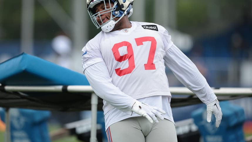 Jul 24, 2024; East Rutherford, NJ, USA; New York Giants defensive tackle Dexter Lawrence II (97) participates in drills during training camp at Quest Diagnostics Training Facility. Mandatory Credit: Vincent Carchietta-Imagn Images