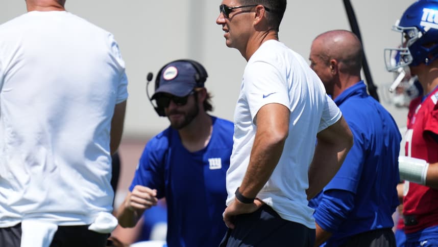 Jul 26, 2024; East Rutherford, NJ, USA; New York Giants general manager Joe Schoen looks on during training camp at Quest Diagnostics Training Center. Mandatory Credit: Lucas Boland-Imagn Images
