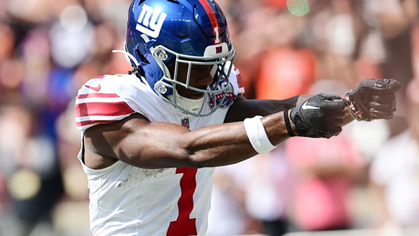 Sep 22, 2024; Cleveland, Ohio, USA; New York Giants wide receiver Malik Nabers (1) celebrates after catching a touchdown during the first half against the Cleveland Browns at Huntington Bank Field. Mandatory Credit: Ken Blaze-Imagn Images