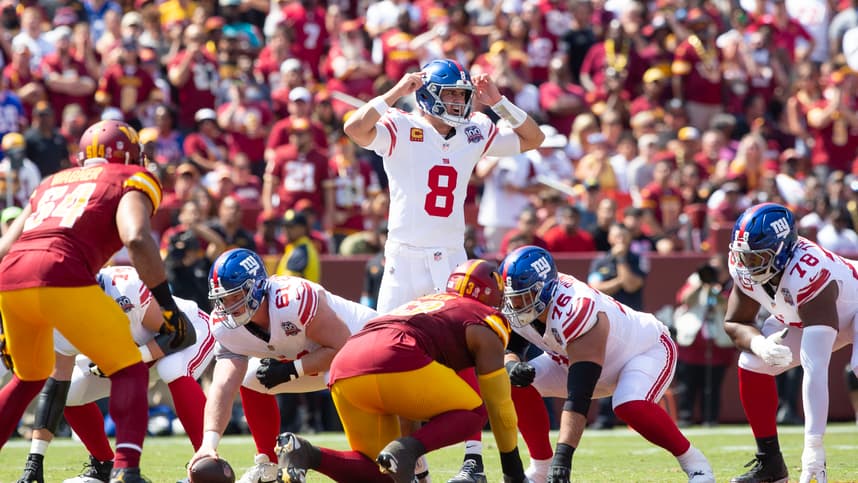 Sep 15, 2024; Landover, Maryland, USA; New York Giants quarterback Daniel Jones (8) calls a play in the first half against the New York Giants at Commanders Field. Mandatory Credit: Luke Johnson-Imagn Images
