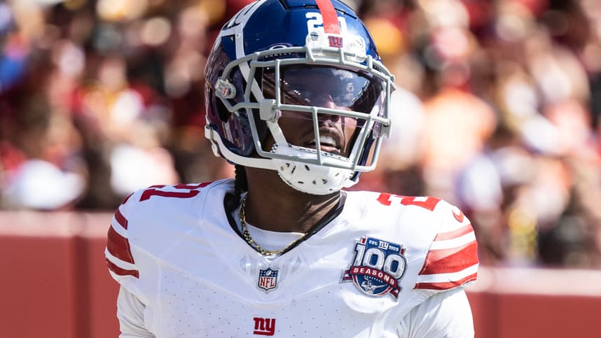 Sep 15, 2024; Landover, Maryland, USA; New York Giants Adoree' Jackson (21) runs off the field during the second half at Commanders Field. Mandatory Credit: Luke Johnson-Imagn Images