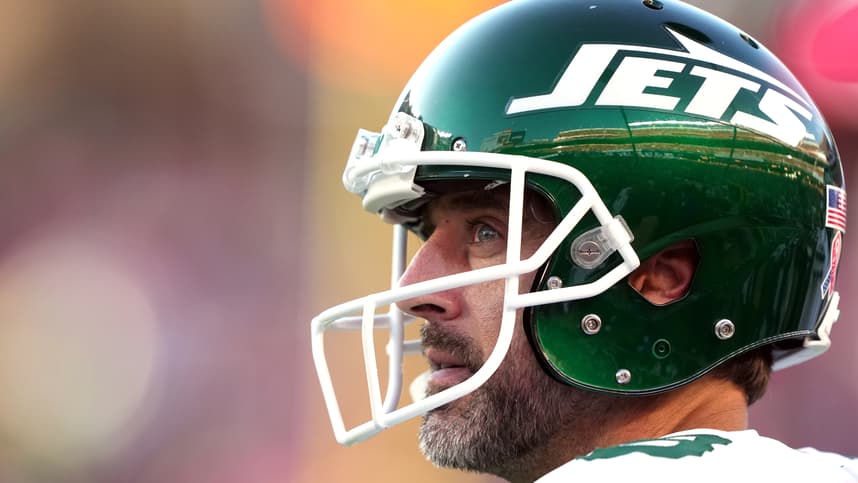 Sep 9, 2024; Santa Clara, California, USA; New York Jets quarterback Aaron Rodgers (8) stands on the sideline during the second quarter against the San Francisco 49ers at Levi's Stadium. Mandatory Credit: Darren Yamashita-Imagn Images