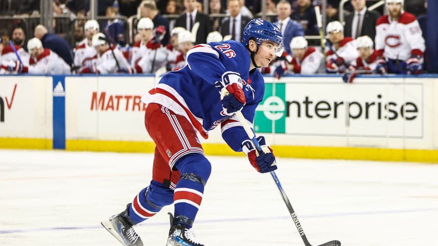 Apr 7, 2024; New York, New York, USA;  New York Rangers left wing Jimmy Vesey (26) looks to make a pass in the second period against the Montreal Canadiens at Madison Square Garden. Mandatory Credit: Wendell Cruz-Imagn Images