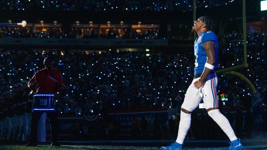 Sep 26, 2024; East Rutherford, NJ, US; New York Giants wide receiver Malik Nabers (1) walks onto the field prior to the start of the game at MetLife Stadium. Mandatory Credit: Julian Guadalupe-NorthJersey.com