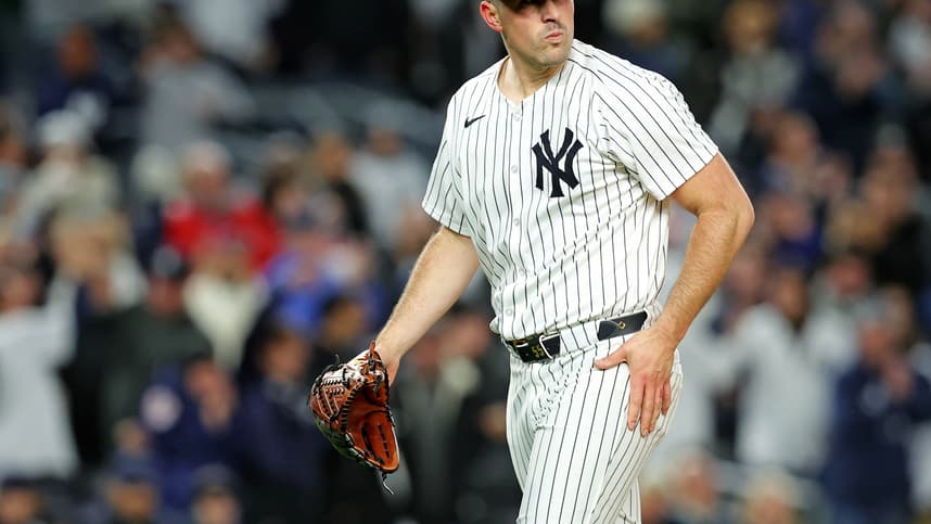 Oct 14, 2024; Bronx, New York, USA; New York Yankees pitcher Carlos Rodón (55) reacts after the first inning against the Cleveland Guardians in game one of the ALCS for the 2024 MLB Playoffs at Yankee Stadium. Mandatory Credit: Brad Penner-Imagn Images