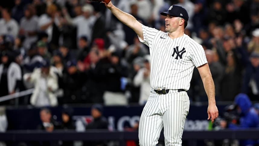 Oct 14, 2024; Bronx, New York, USA; New York Yankees pitcher Carlos Rodón (55) celebrates after a fly ball was caught to end the sixth inning against the Cleveland Guardians in game one of the ALCS for the 2024 MLB Playoffs at Yankee Stadium. Mandatory Credit: Wendell Cruz-Imagn Images