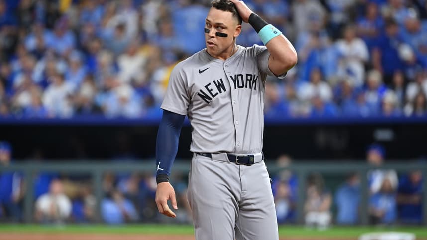 Oct 9, 2024; Kansas City, Missouri, USA; New York Yankees outfielder Aaron Judge (99) reacts in the fifth inning against the Kansas City Royals during game three of the NLDS for the 2024 MLB Playoffs at Kauffman Stadium. Mandatory Credit: Peter Aiken-Imagn Images
