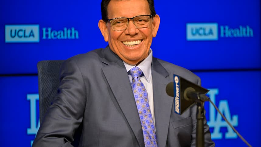Aug 11, 2023; Los Angeles, California, USA;  Los Angeles Dodgers pitcher Fernando Valenzuela (34) speaks during a news conference prior to his jersey retirement ceremony at Dodger Stadium. Mandatory Credit: Jayne Kamin-Oncea-Imagn Images