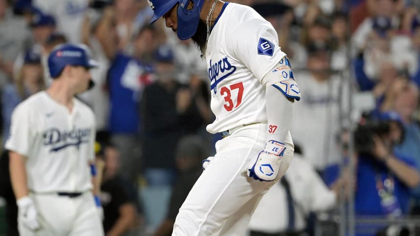 Oct 11, 2024; Los Angeles, California, USA; Los Angeles Dodgers outfielder Teoscar Hernandez (37) celebrates after hitting a solo home run in the seventh inning against the San Diego Padres during game five of the NLDS for the 2024 MLB Playoffs at Dodger Stadium. Mandatory Credit: Jayne Kamin-Oncea-Imagn Images