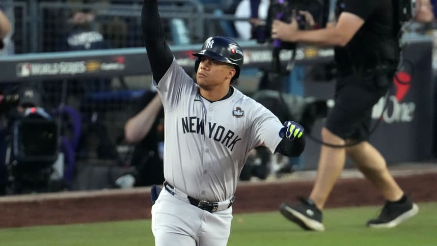 Oct 26, 2024; Los Angeles, California, USA; New York Yankees outfielder Juan Soto (22) reacts after hitting a home run against the Los Angeles Dodgers in the third inning for game two of the 2024 MLB World Series at Dodger Stadium. Mandatory Credit: Kirby Lee-Imagn Images
