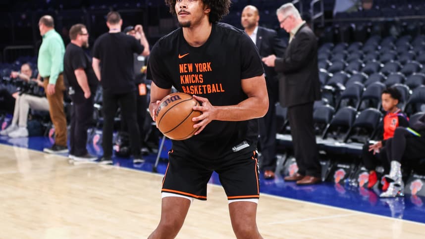 May 8, 2024; New York, New York, USA; New York Knicks center Jericho Sims (45) warms up prior to game two of the second round for the 2024 NBA playoffs against the Indiana Pacers at Madison Square Garden. Mandatory Credit: Wendell Cruz-Imagn Images
