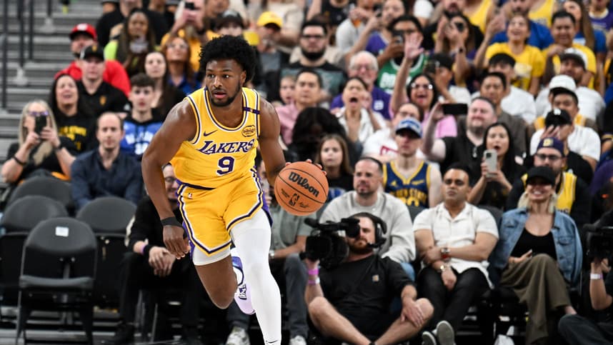 Oct 15, 2024; Las Vegas, Nevada, USA; Los Angeles Lakers guard Bronny James (9) dribbles the ball up the court against the Golden State Warriors in the fourth quarter of their preseason game at T-Mobile Arena. Mandatory Credit: Candice Ward-Imagn Images
