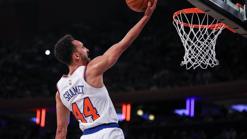 Oct 13, 2024; New York, New York, USA; New York Knicks guard Landry Shamet (44) lays the ball up for a basket  during the first half against the Minnesota Timberwolves at Madison Square Garden. Mandatory Credit: Vincent Carchietta-Imagn Images