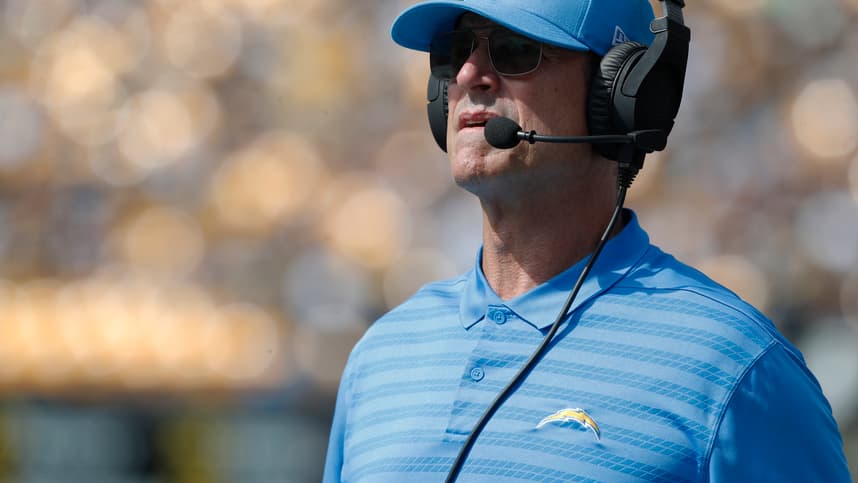 Sep 22, 2024; Pittsburgh, Pennsylvania, USA;  Los Angeles Chargers head coach Jim Harbaugh looks on from the sidelines during the second quarter against the Pittsburgh Steelers at Acrisure Stadium. Mandatory Credit: Charles LeClaire-Imagn Images