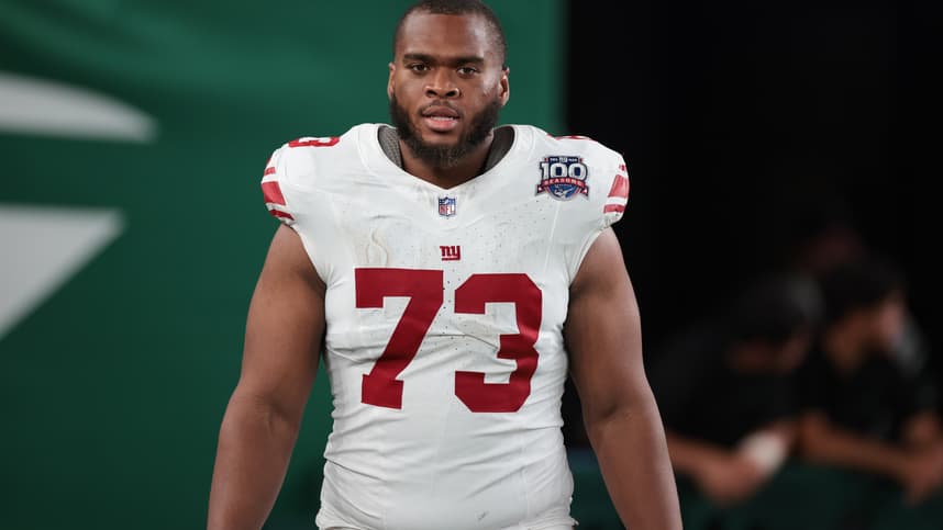 Aug 24, 2024; East Rutherford, New Jersey, USA; New York Giants offensive tackle Evan Neal (73) after the game at MetLife Stadium. Mandatory Credit: Vincent Carchietta-Imagn Images