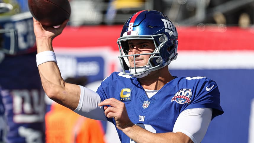 Oct 20, 2024; East Rutherford, New Jersey, USA; New York Giants quarterback Daniel Jones (8) warms up before the game against the Philadelphia Eagles at MetLife Stadium. Mandatory Credit: Vincent Carchietta-Imagn Images