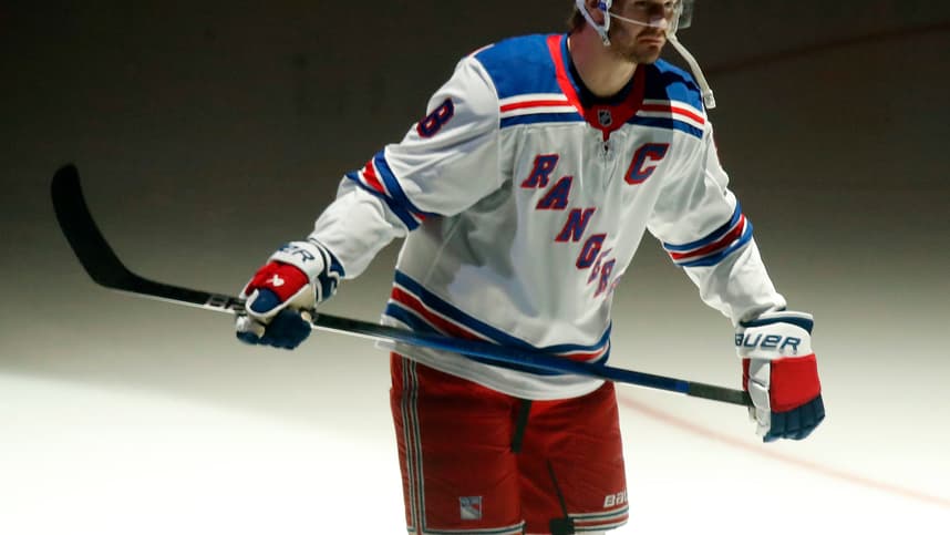 Oct 9, 2024; Pittsburgh, Pennsylvania, USA;  New York Rangers defenseman Jacob Trouba (8) takes the ice against the Pittsburgh Penguins during the first period at PPG Paints Arena. Mandatory Credit: Charles LeClaire-Imagn Images