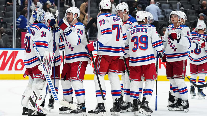 Oct 19, 2024; Toronto, Ontario, CAN; New York Rangers goaltender Igor Shesterkin (31) celebrates with left wing Chris Kreider (20) after defeating the Toronto Maple Leafs at Scotiabank Arena. Mandatory Credit: Nick Turchiaro-Imagn Images