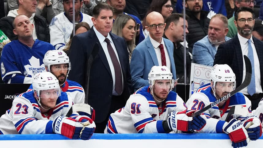 Oct 19, 2024; Toronto, Ontario, CAN; New York Rangers head coach Peter Laviolette watches the play against the Toronto Maple Leafs during the third period at Scotiabank Arena. Mandatory Credit: Nick Turchiaro-Imagn Images