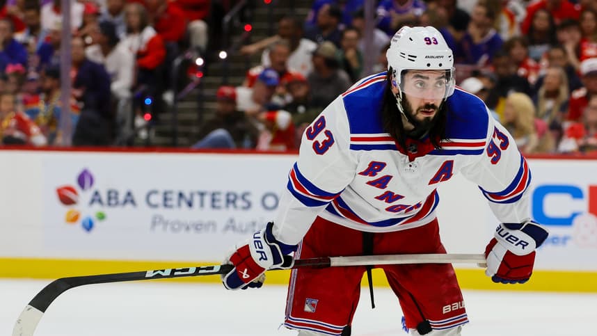 May 26, 2024; Sunrise, Florida, USA; New York Rangers center Mika Zibanejad (93) looks on against the Florida Panthers during the second period in game three of the Eastern Conference Final of the 2024 Stanley Cup Playoffs at Amerant Bank Arena. Mandatory Credit: Sam Navarro-Imagn Images