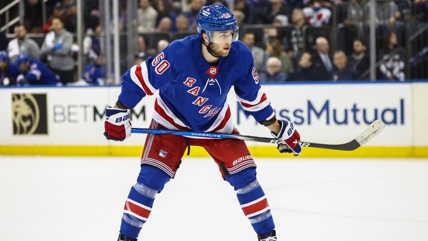 Apr 21, 2024; New York, New York, USA; New York Rangers left wing Will Cuylle (50) in game one of the first round of the 2024 Stanley Cup Playoffs at Madison Square Garden. Mandatory Credit: Wendell Cruz-Imagn Images
