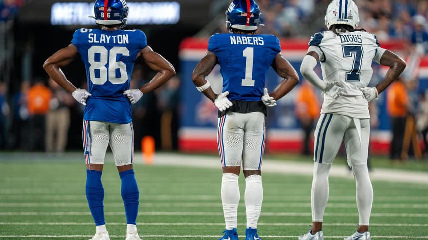 Sep 26, 2024; East Rutherford, NJ, US; New York Giants wide receiver Darius Slayton (86), New York Giants wide receiver Malik Nabers (1), and Dallas Cowboys cornerback Trevon Diggs (7) stand in a line on the field at MetLife Stadium. Mandatory Credit: Julian Guadalupe-NorthJersey.com