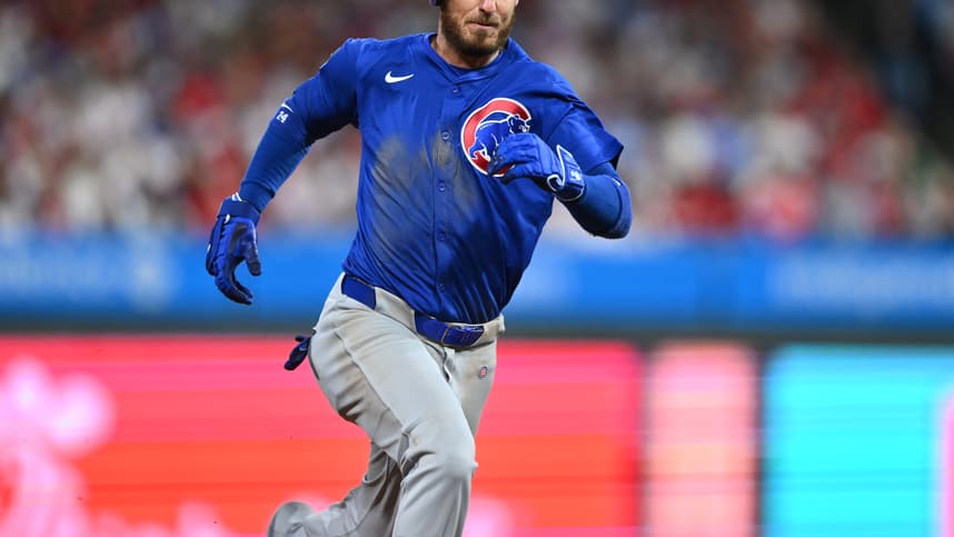 Sep 24, 2024; Philadelphia, Pennsylvania, USA; Chicago Cubs outfielder Cody Bellinger (24) runs to third after hitting an RBI triple against the Philadelphia Phillies in the sixth inning at Citizens Bank Park. Mandatory Credit: Kyle Ross-Imagn Images
