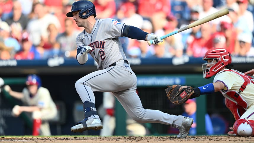 Aug 28, 2024; Philadelphia, Pennsylvania, USA; Houston Astros infielder Alex Bregman (2) hits a single against the Philadelphia Phillies in the third inning at Citizens Bank Park. Mandatory Credit: Kyle Ross-Imagn Images