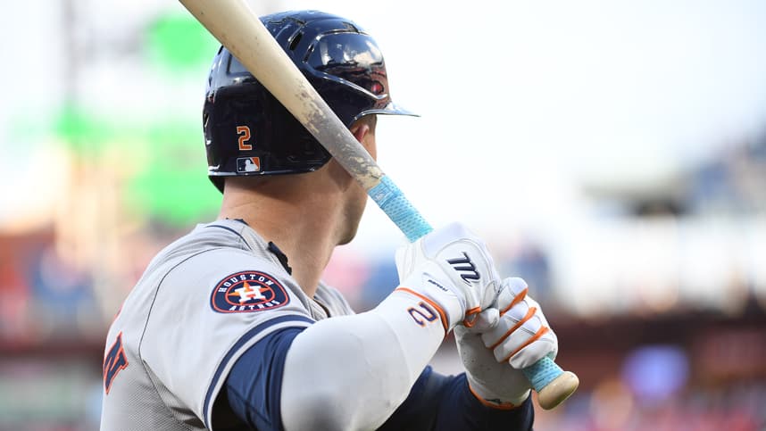 Aug 26, 2024; Philadelphia, Pennsylvania, USA; Houston Astros third base Alex Bregman (2) on deck against the Philadelphia Phillies at Citizens Bank Park. Mandatory Credit: Eric Hartline-Imagn Images