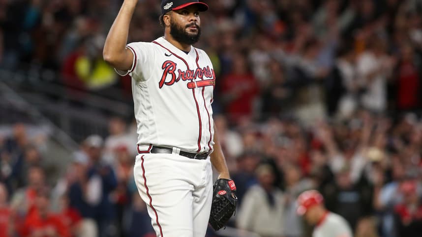 Oct 12, 2022; Atlanta, Georgia, USA; Atlanta Braves relief pitcher Kenley Jansen (74) points skyward on a ball hit for the final out against the Philadelphia Phillies in the ninth inning during game two of the NLDS for the 2022 MLB Playoffs at Truist Park. Mandatory Credit: Brett Davis-Imagn Images