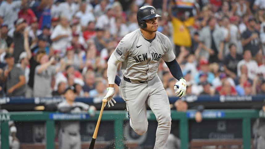 Jul 29, 2024; Philadelphia, Pennsylvania, USA;  New York Yankees outfielder Juan Soto (22) hits a two RBI double against the Philadelphia Phillies during the fifth inning at Citizens Bank Park. Mandatory Credit: Eric Hartline-Imagn Images