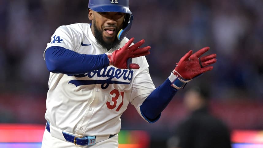 Aug 5, 2024; Los Angeles, California, USA;   Los Angeles Dodgers left fielder Teoscar Hernandez (37) celebrates as he rounds the bases after hitting a two-run home run in the third inning against the Philadelphia Phillies at Dodger Stadium. Mandatory Credit: Jayne Kamin-Oncea-Imagn Images